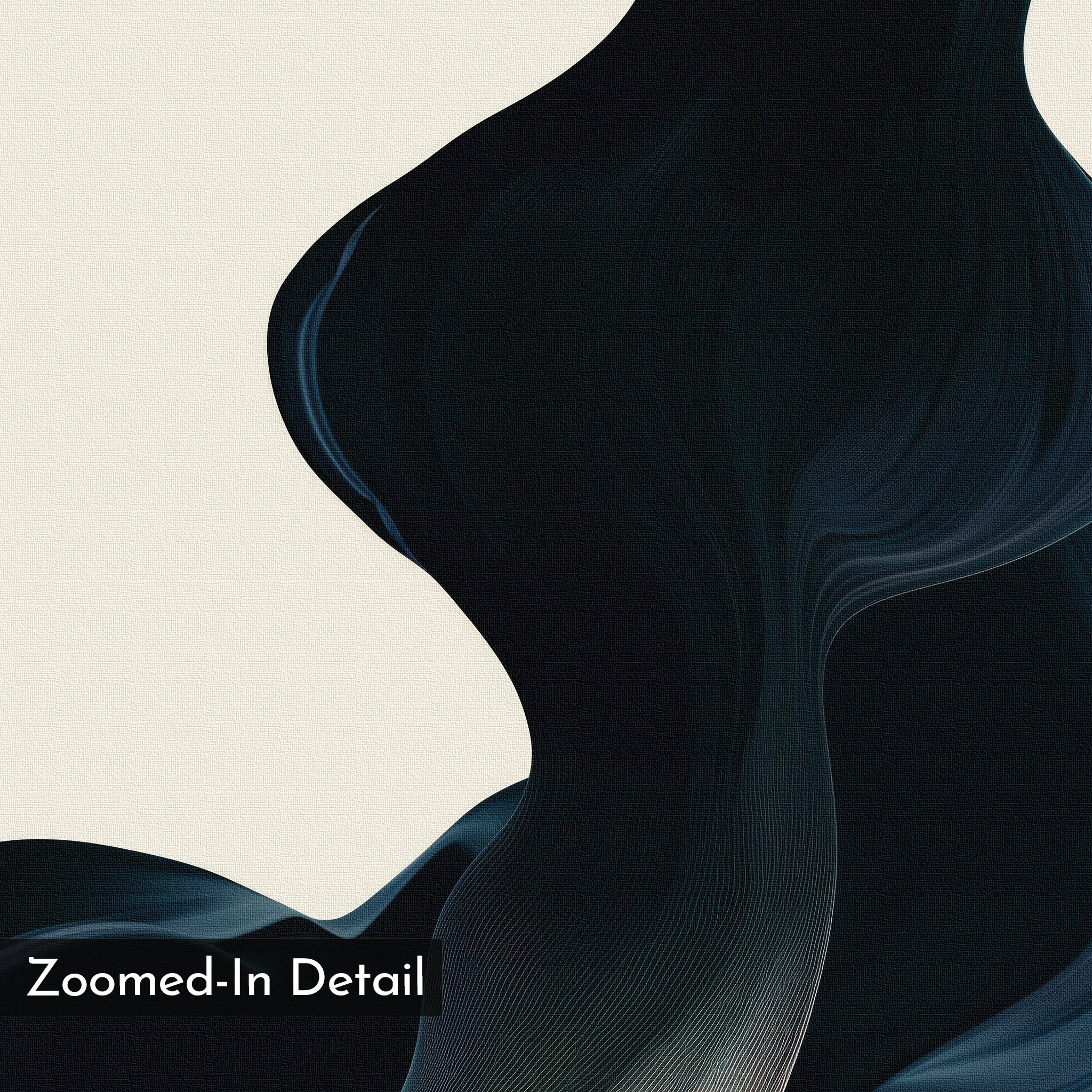 Nocturnal Wave Abstract Canvas Art showcases smooth black and dark blue shapes on a beige background with "Zoomed-In Detail" in a black box—ideal as minimalist or statement wall art for modern interiors.