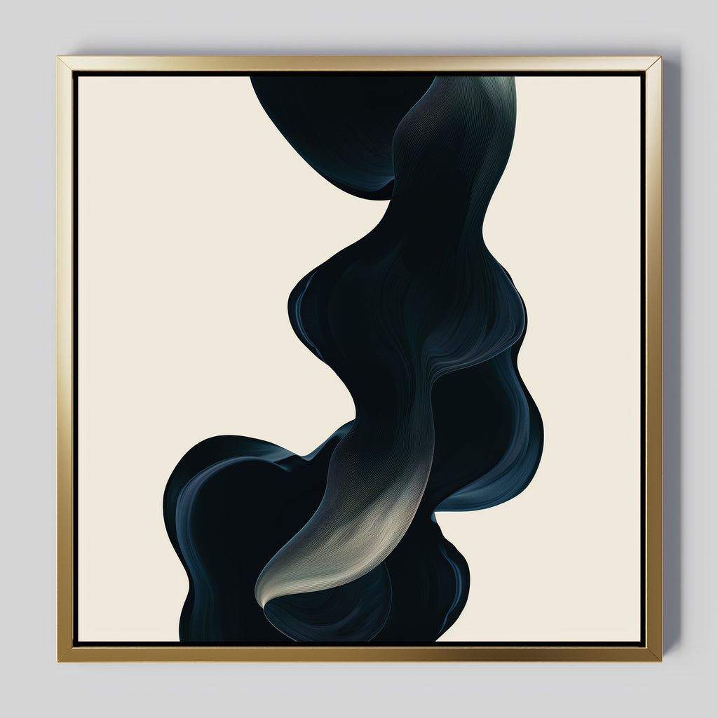 Nocturnal Wave Abstract Canvas Art features a flowing dark ribbon shape with subtle highlights on a light beige background in a metallic gold frame—ideal minimalist wall art for modern living room decor.
