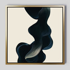 Nocturnal Wave Abstract Canvas Art features a flowing dark ribbon shape with subtle highlights on a light beige background in a metallic gold frame—ideal minimalist wall art for modern living room decor.