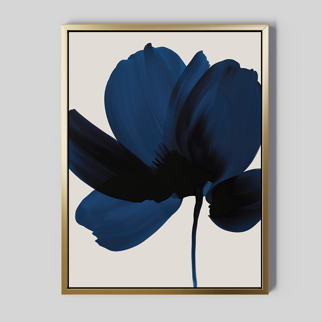 The Nocturne Blossom Canvas Art features a minimalist blue flower with broad abstract petals and a black center on a light background, framed in a thin gold profile—an ideal modern accent for your living room decor.