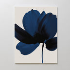 Nocturne Blossom Canvas Art features a minimalist abstract flower with bold blue and black strokes on a light background—ideal modern wall art to elevate elegant living room decor.