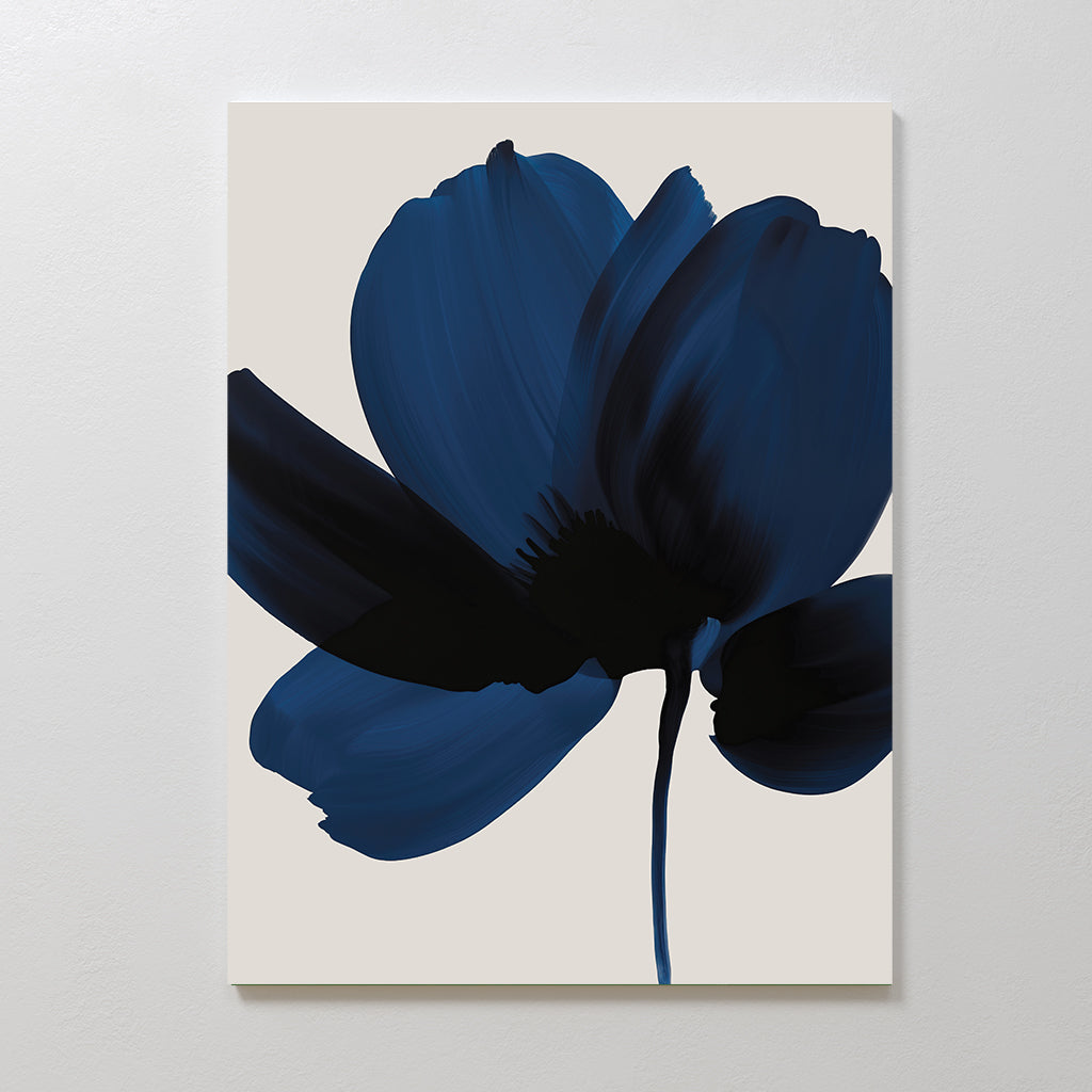 Nocturne Blossom Canvas Art features a minimalist abstract flower with bold blue and black strokes on a light background—ideal modern wall art to elevate elegant living room decor.