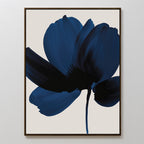 Nocturne Blossom Canvas Art: Minimalist wall art showcasing a single large flower in deep navy blue and black broad brushstrokes on a light beige background, framed with a slim dark border—ideal for modern living room decor.