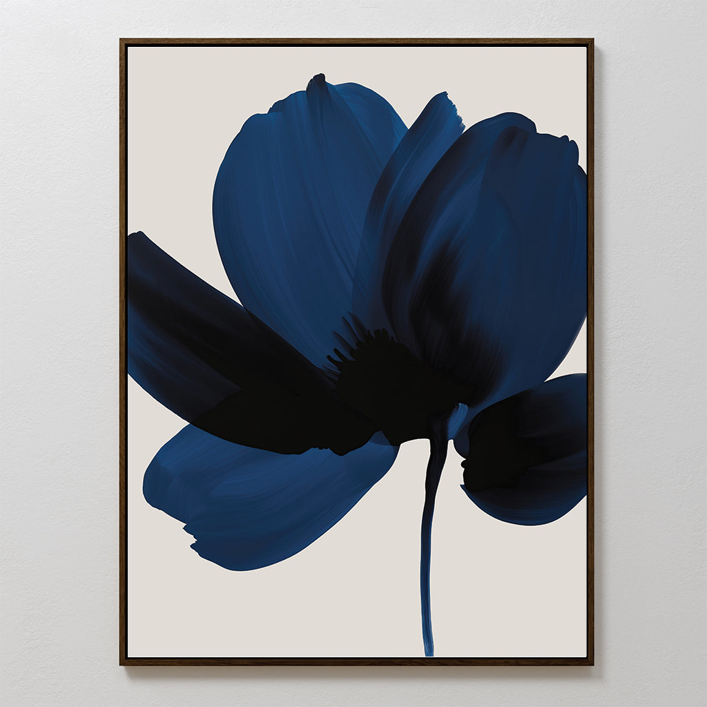Nocturne Blossom Canvas Art: Minimalist wall art showcasing a single large flower in deep navy blue and black broad brushstrokes on a light beige background, framed with a slim dark border—ideal for modern living room decor.