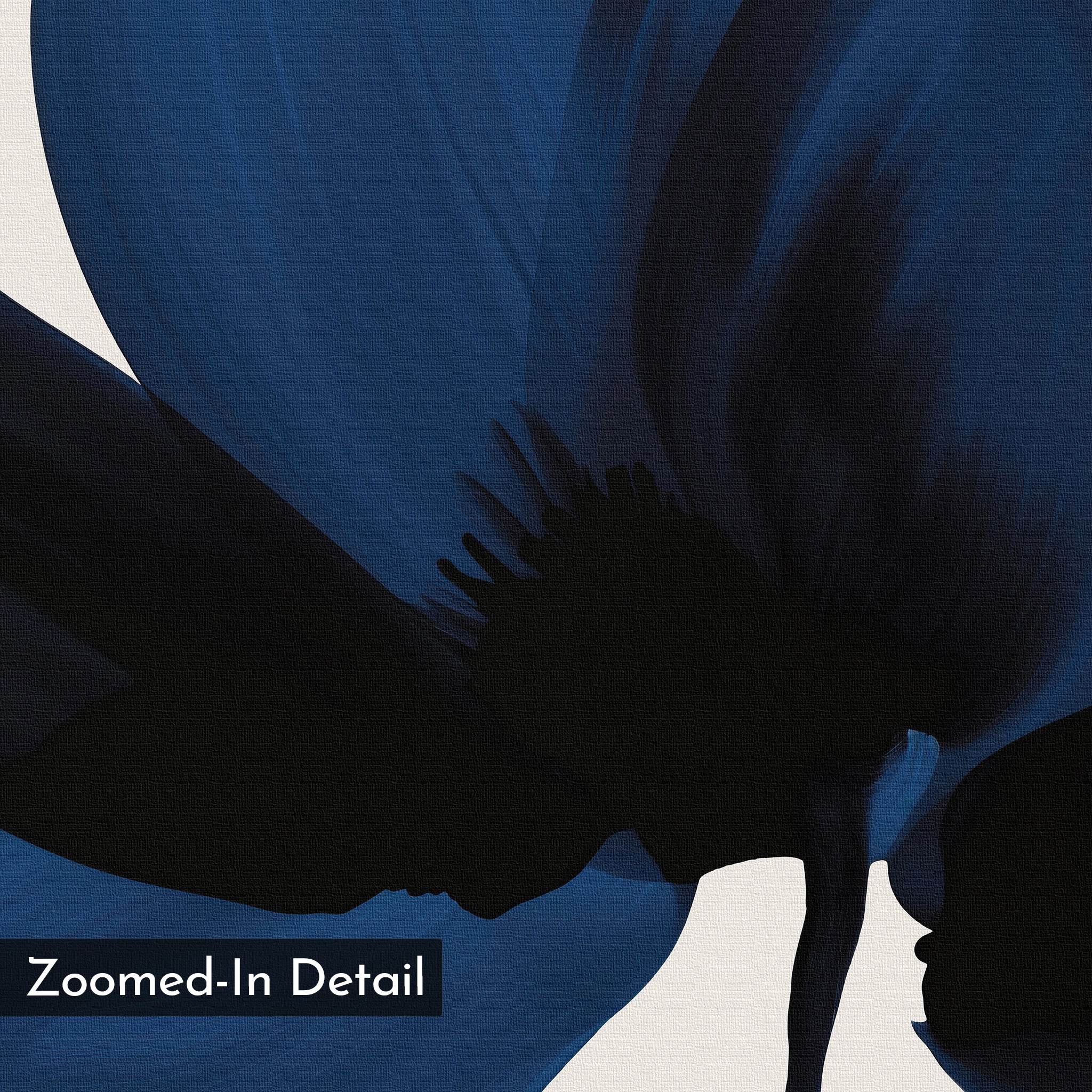 Nocturne Blossom Canvas Art features bold, flowing brushstrokes in deep blue and black, creating a dynamic floral-inspired pattern on a light background. “Zoomed-In Detail” is displayed in white on a black rectangle—ideal for modern wall decor.
