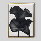 The Noir Bloom Abstract Canvas Art features two bold black abstract flowers with flowing petals on a light gray background. A gold frame with a slim black inner border adds a modern touch, making it ideal wall art for any living room.