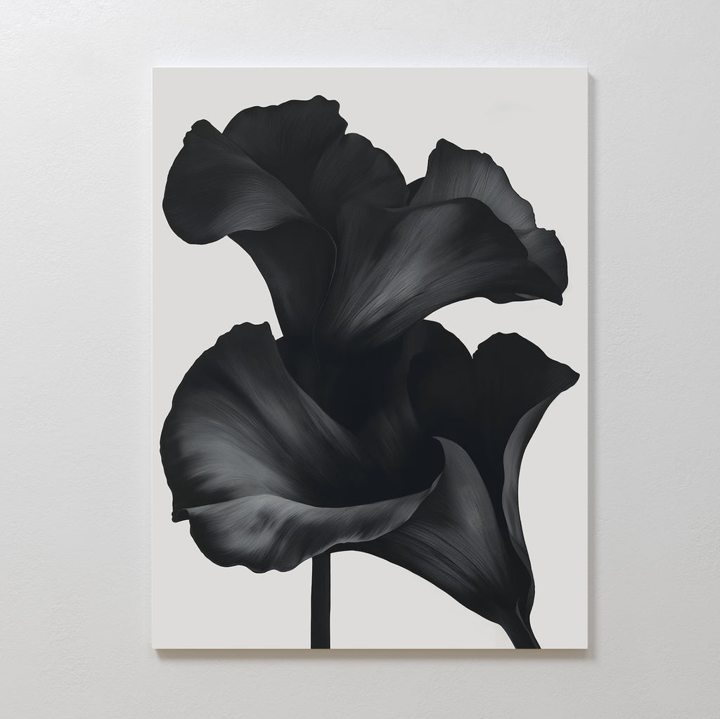 Noir Bloom Abstract Canvas Art showcases two black calla lilies with graceful, curved petals on a white background—ideal modern wall art to enhance your living room decor.