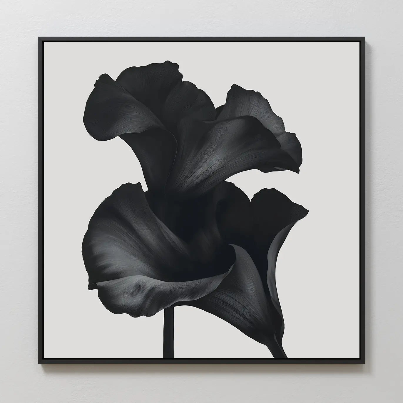 The Noir Bloom Canvas Art - Square showcases two large black calla lilies with elegant petals on a light background, ideal as minimalist wall art or for modern living room decor.