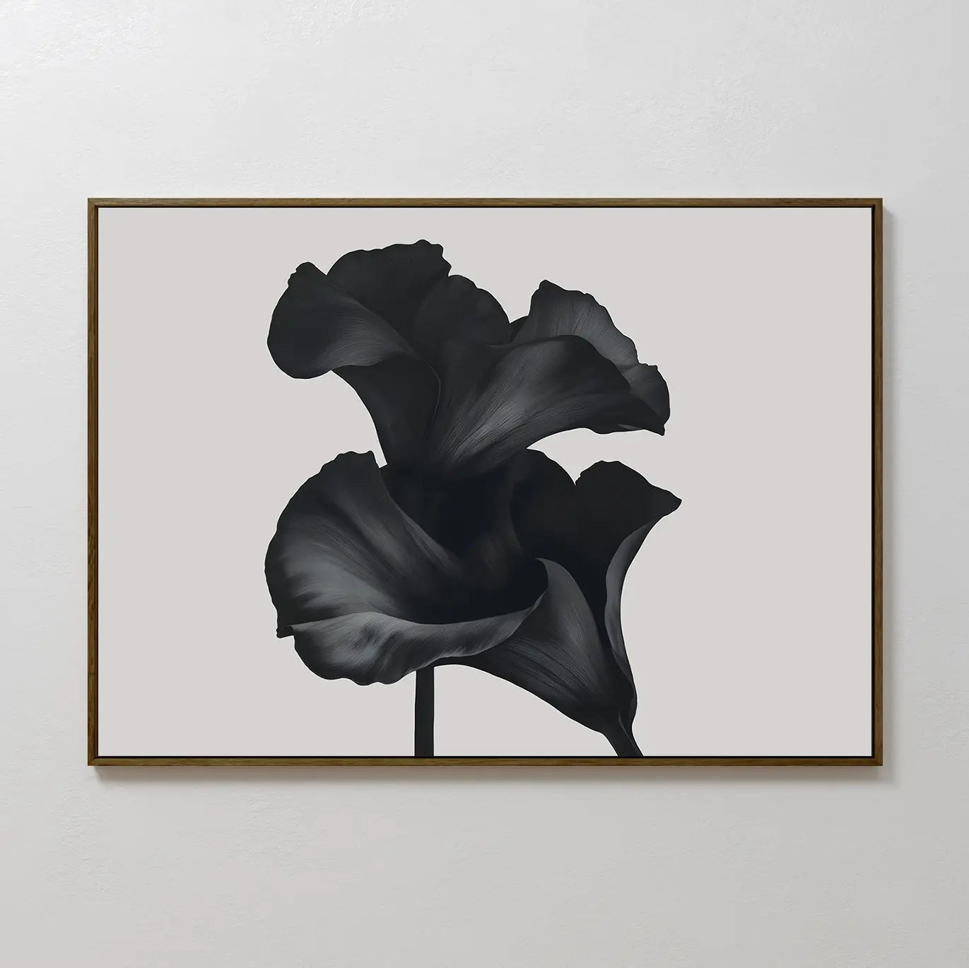Noir Bloom Canvas Art – Horizontal is a framed minimalist wall piece showcasing two dark, stylized calla lilies with soft curved petals on a light gray background—ideal for modern living room decor.