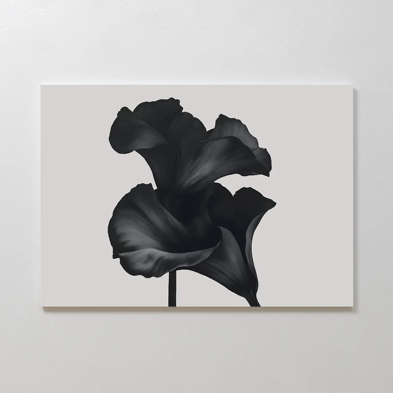 The Noir Bloom Canvas Art – Horizontal showcases two black calla lilies with detailed petals on a light gray background, creating striking modern wall art ideal for enhancing your living room decor.