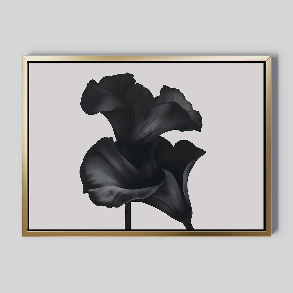 Noir Bloom Canvas Art – Horizontal: Modern wall art with two dark, stylized calla lilies on a light gray background, framed in gold. Perfect minimalist décor for a chic living room.