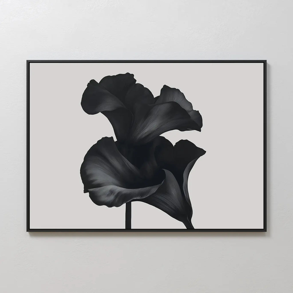 Noir Bloom Canvas Art – Horizontal showcases two dark, abstract lily flowers with overlapping petals on a light gray background, creating stunning minimalist wall art ideal for modern living room decor.