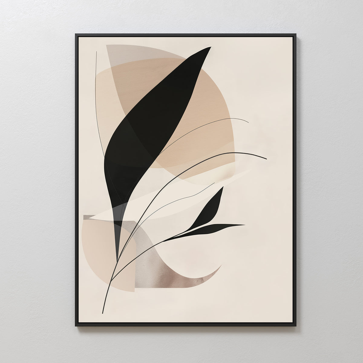 Noir Petals in Motion Abstract Canvas Art features minimalist black leaf shapes and thin lines on soft beige and tan geometric backgrounds, ideal for modern design and adding elegance to your living room decor.