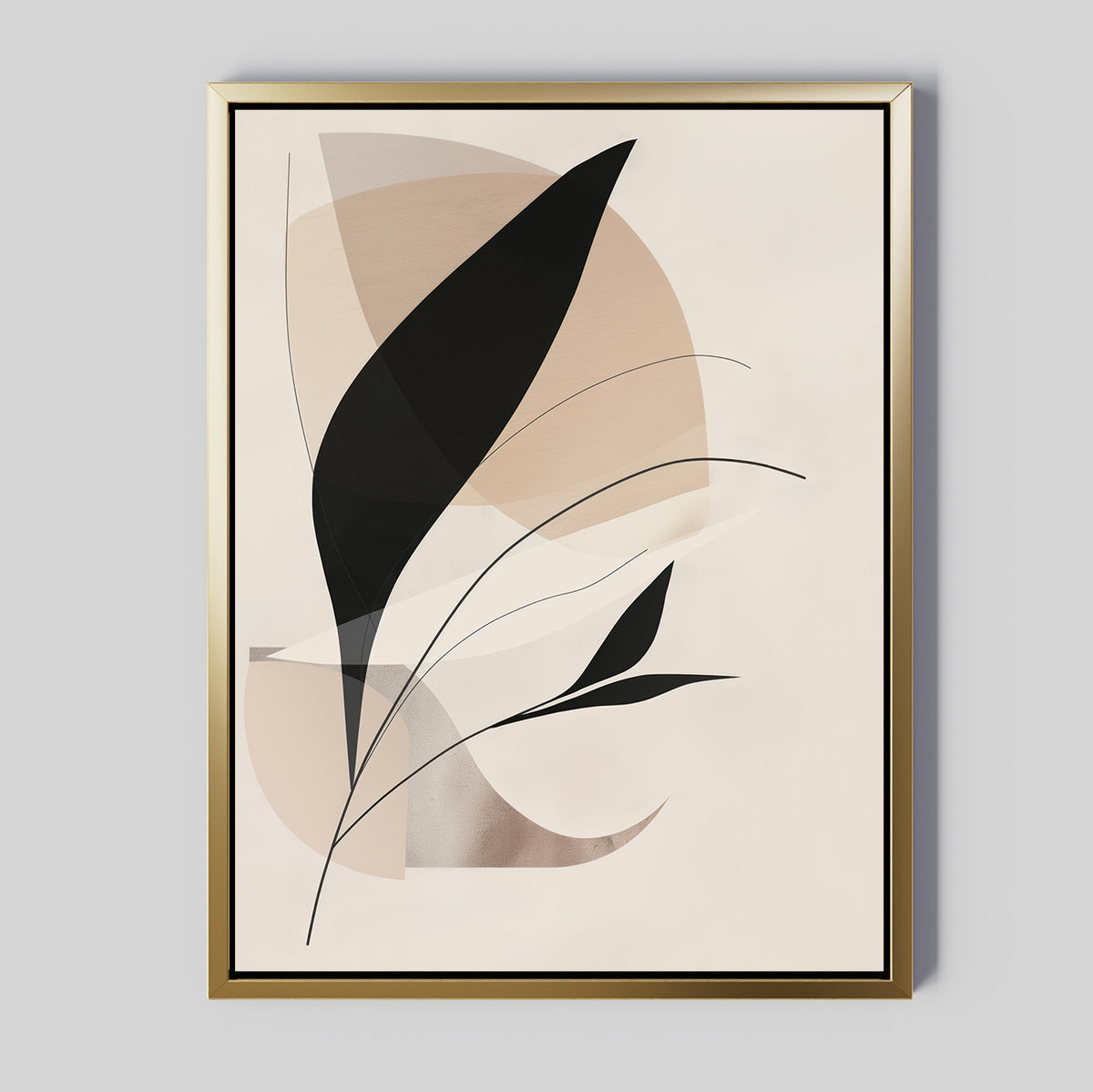 Noir Petals in Motion Abstract Canvas Art showcases black leaf shapes and fine lines over beige and light brown geometric backgrounds, framed in slim gold. Ideal for modern design lovers seeking elegant living room decor.