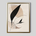 Noir Petals in Motion Abstract Canvas Art showcases black leaf shapes and fine lines over beige and light brown geometric backgrounds, framed in slim gold. Ideal for modern design lovers seeking elegant living room decor.