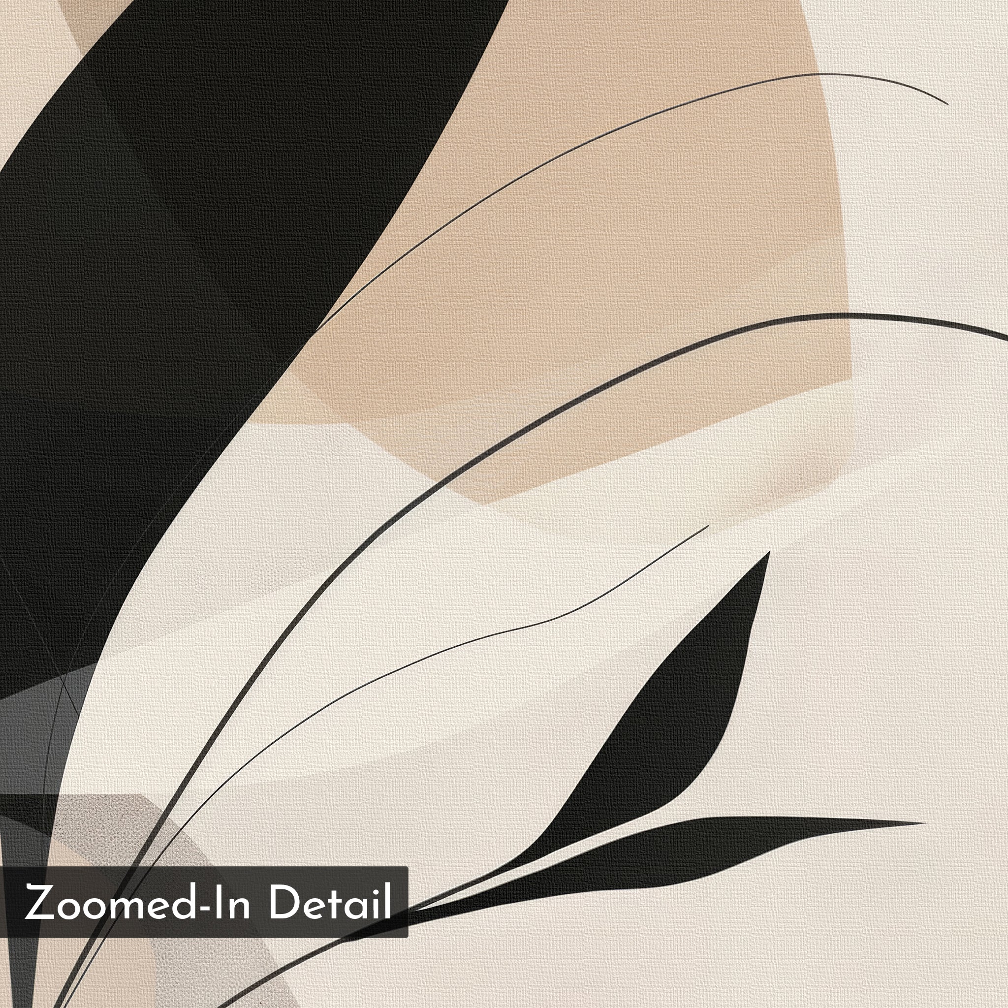 Noir Petals in Motion Abstract Canvas Art features overlapping beige, black, and cream shapes with thin, curved black lines like plant stems on a canvas-like texture—ideal modern wall art for elegant living room decor. Label: Zoomed-In Detail.