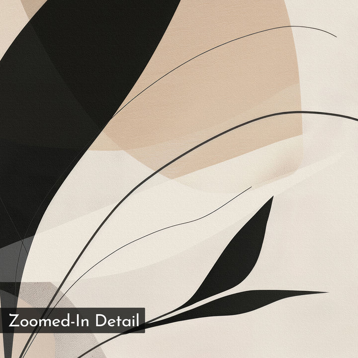 Noir Petals in Motion Abstract Canvas Art features overlapping beige, black, and cream shapes with thin, curved black lines like plant stems on a canvas-like texture—ideal modern wall art for elegant living room decor. Label: Zoomed-In Detail.