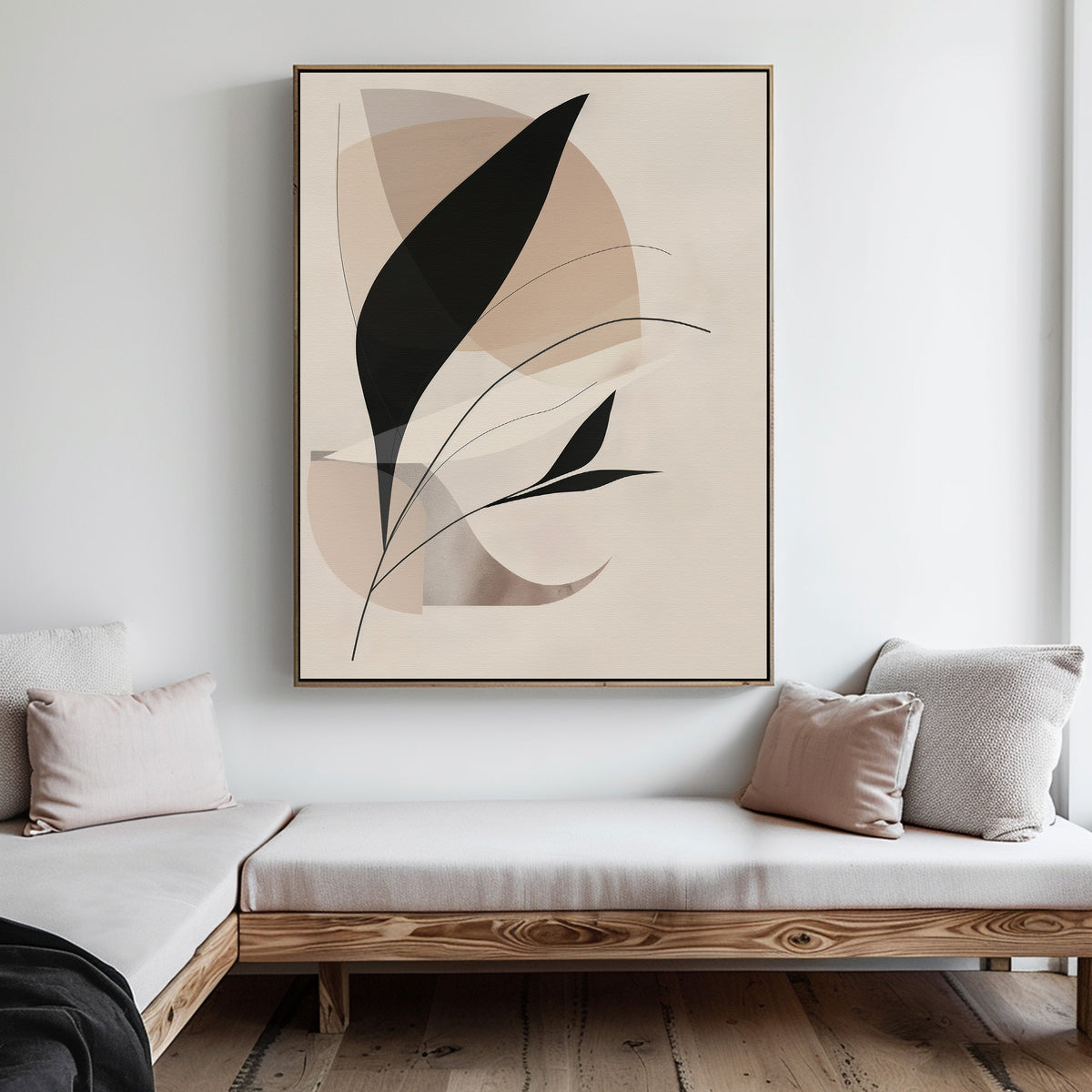 Minimalist living room decor with a light wood sofa and neutral cushions, complemented by the Noir Petals in Motion Abstract Canvas Art featuring black leaf shapes and beige geometric patterns for a calm, modern vibe.