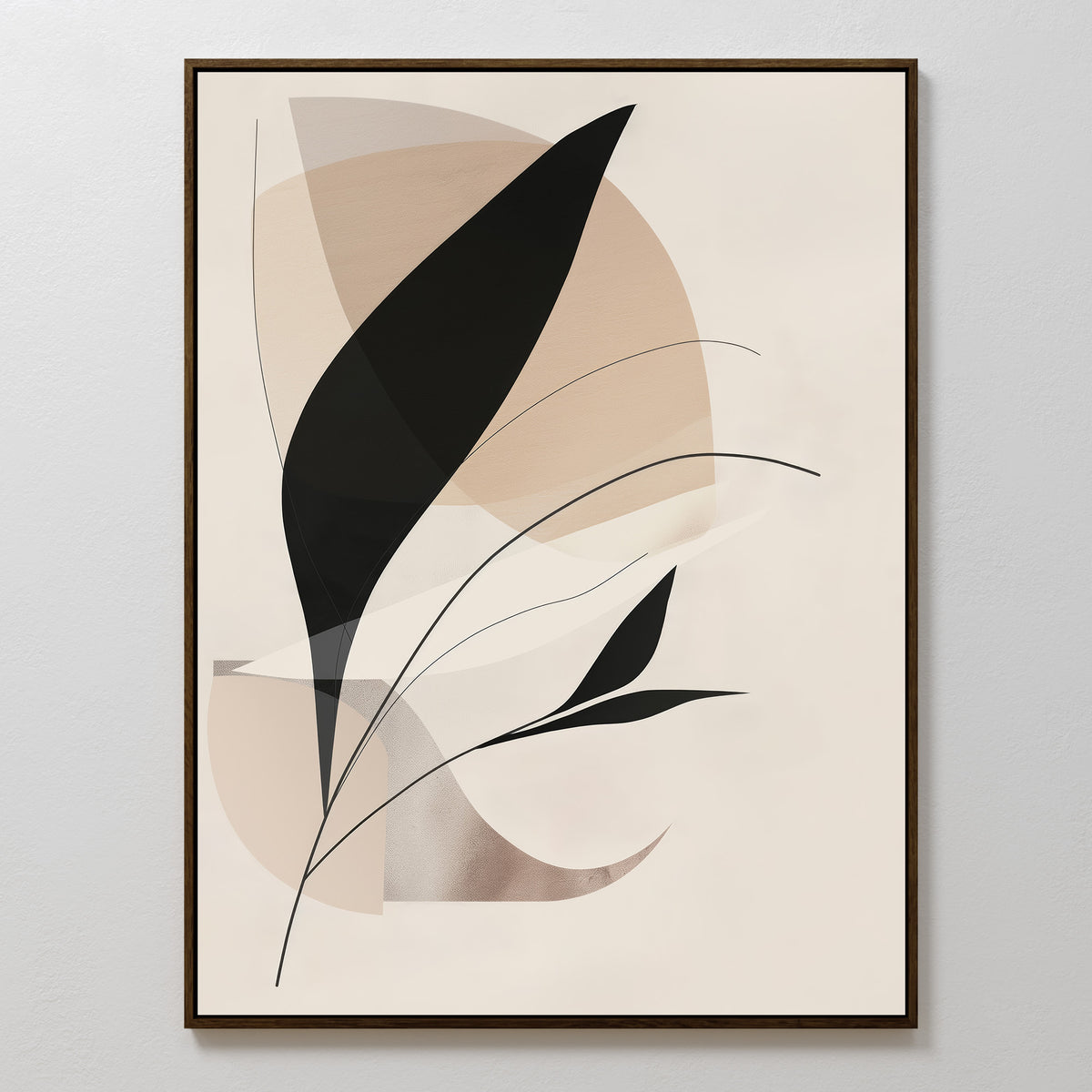 Noir Petals in Motion Abstract Canvas Art showcases bold black botanical silhouettes over overlapping beige and tan forms on a cream background, all framed in a slim dark border—ideal for modern living room decor.