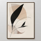 Noir Petals in Motion Abstract Canvas Art showcases bold black botanical silhouettes over overlapping beige and tan forms on a cream background, all framed in a slim dark border—ideal for modern living room decor.