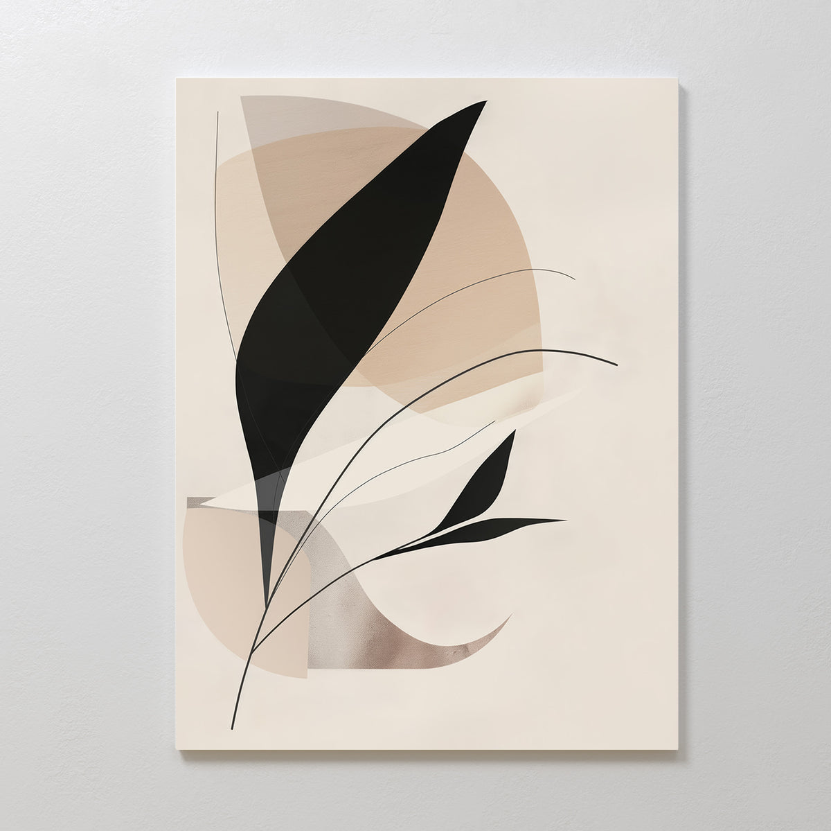 Noir Petals in Motion Abstract Canvas Art showcases overlapping beige and taupe shapes with bold black curves and leaf-like forms on a cream background—ideal minimalist wall art for modern living room decor on light-colored walls.