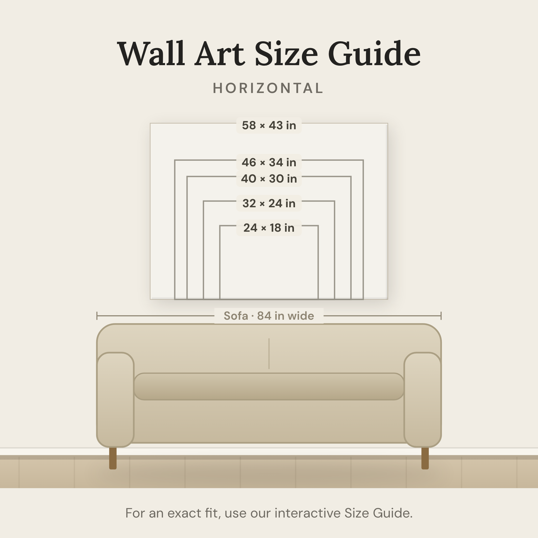 Wall art size guide — horizontal sizes shown to scale