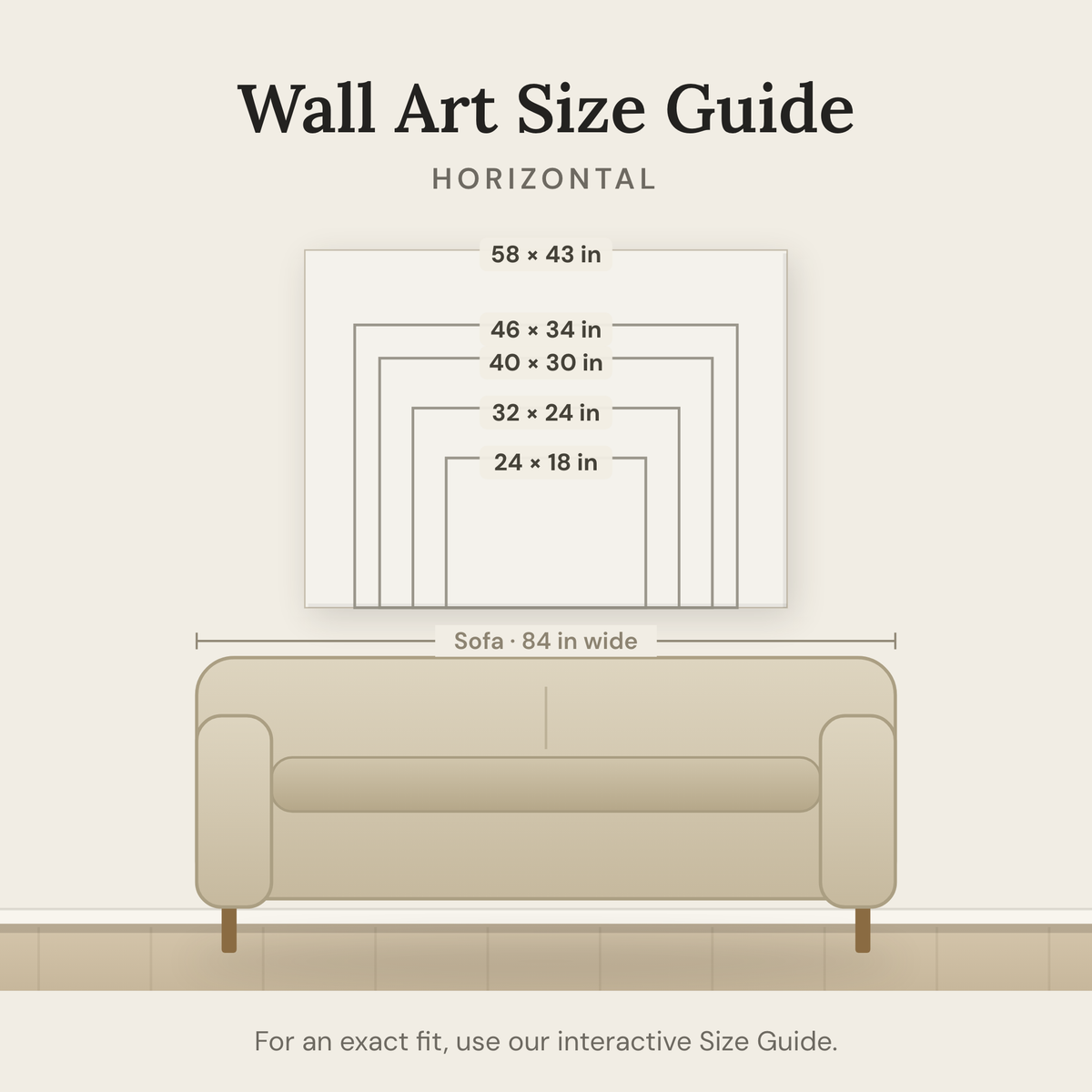 Wall art size guide — horizontal sizes shown to scale