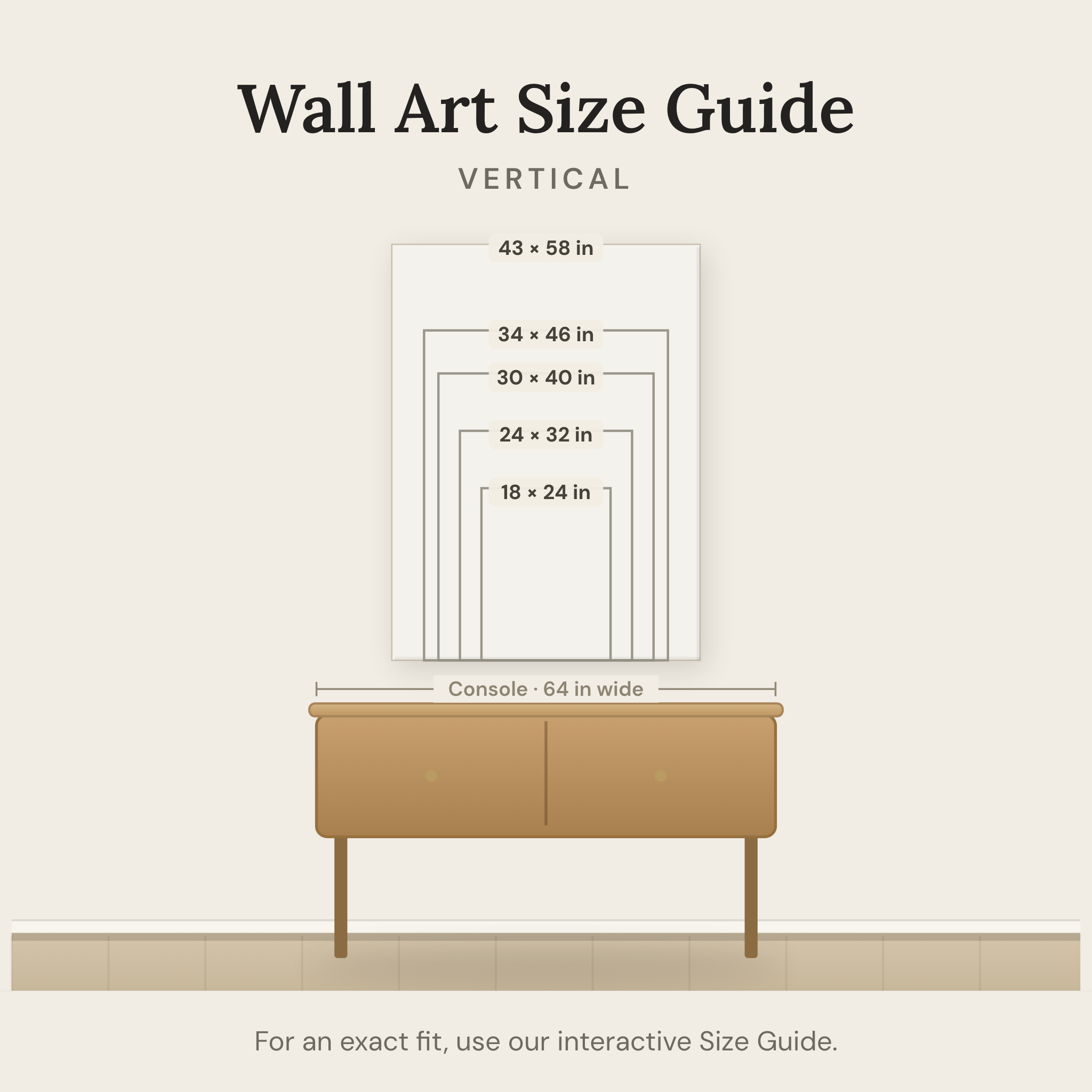 Wall art size guide — vertical sizes shown to scale