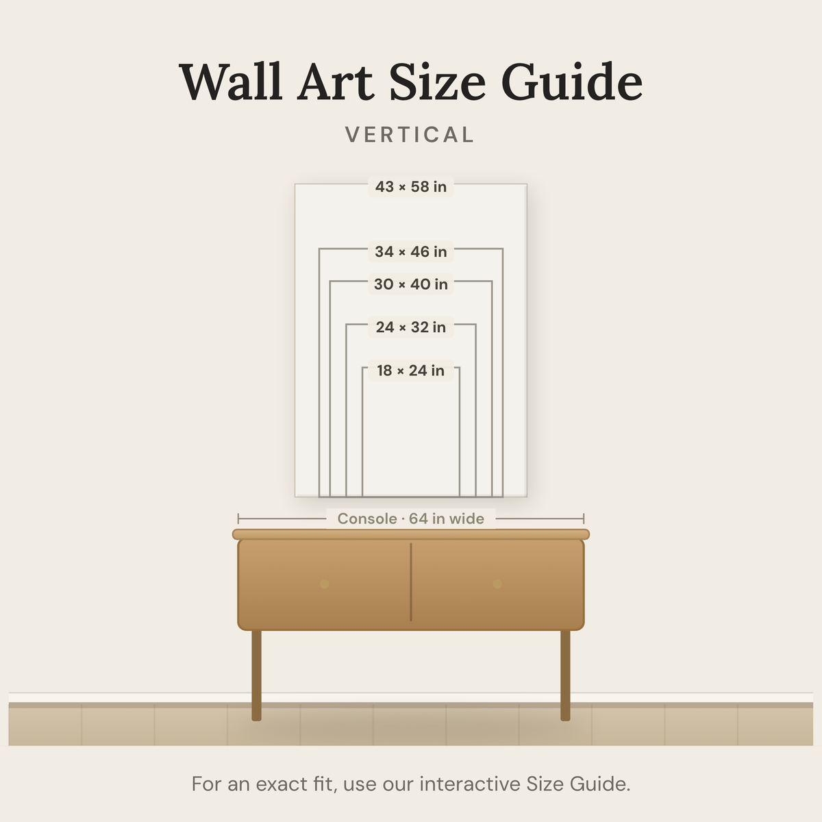 Wall art size guide — vertical sizes shown to scale
