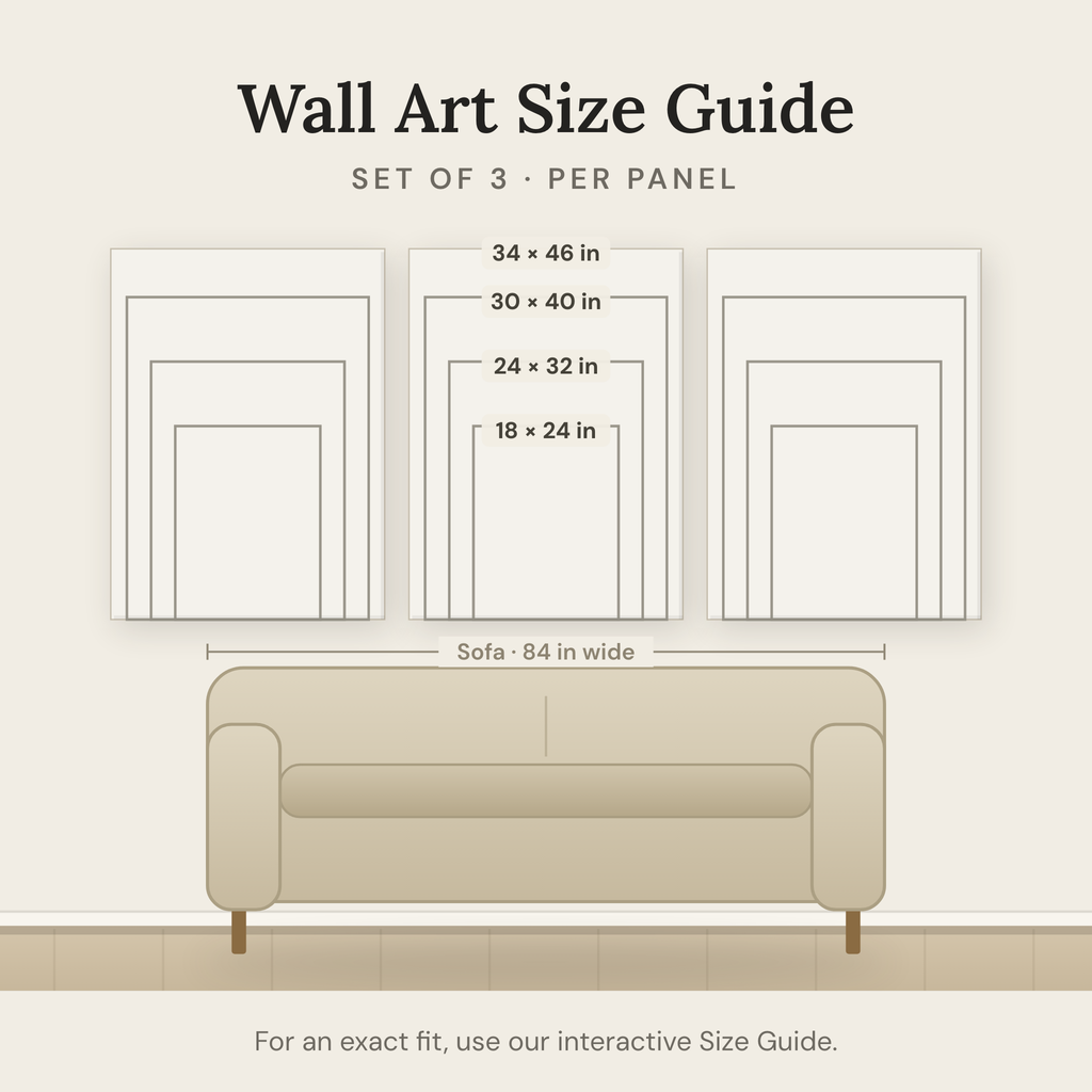 Wall art size guide — set of 3 sizes shown to scale