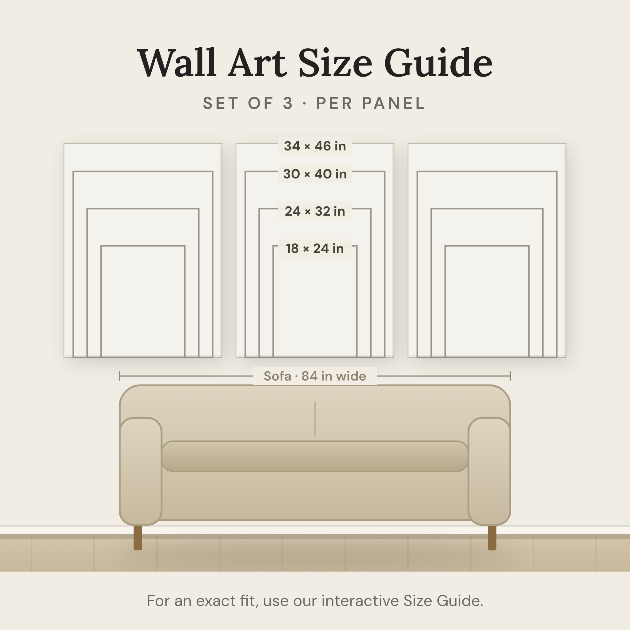 Wall art size guide — set of 3 sizes shown to scale