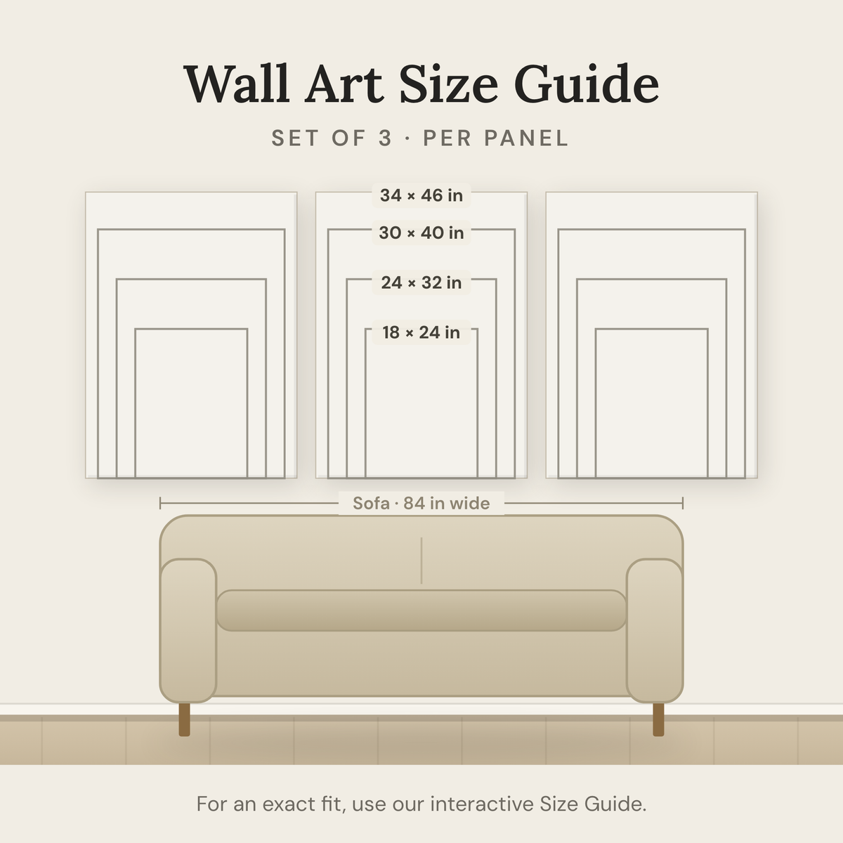 Wall art size guide — set of 3 sizes shown to scale