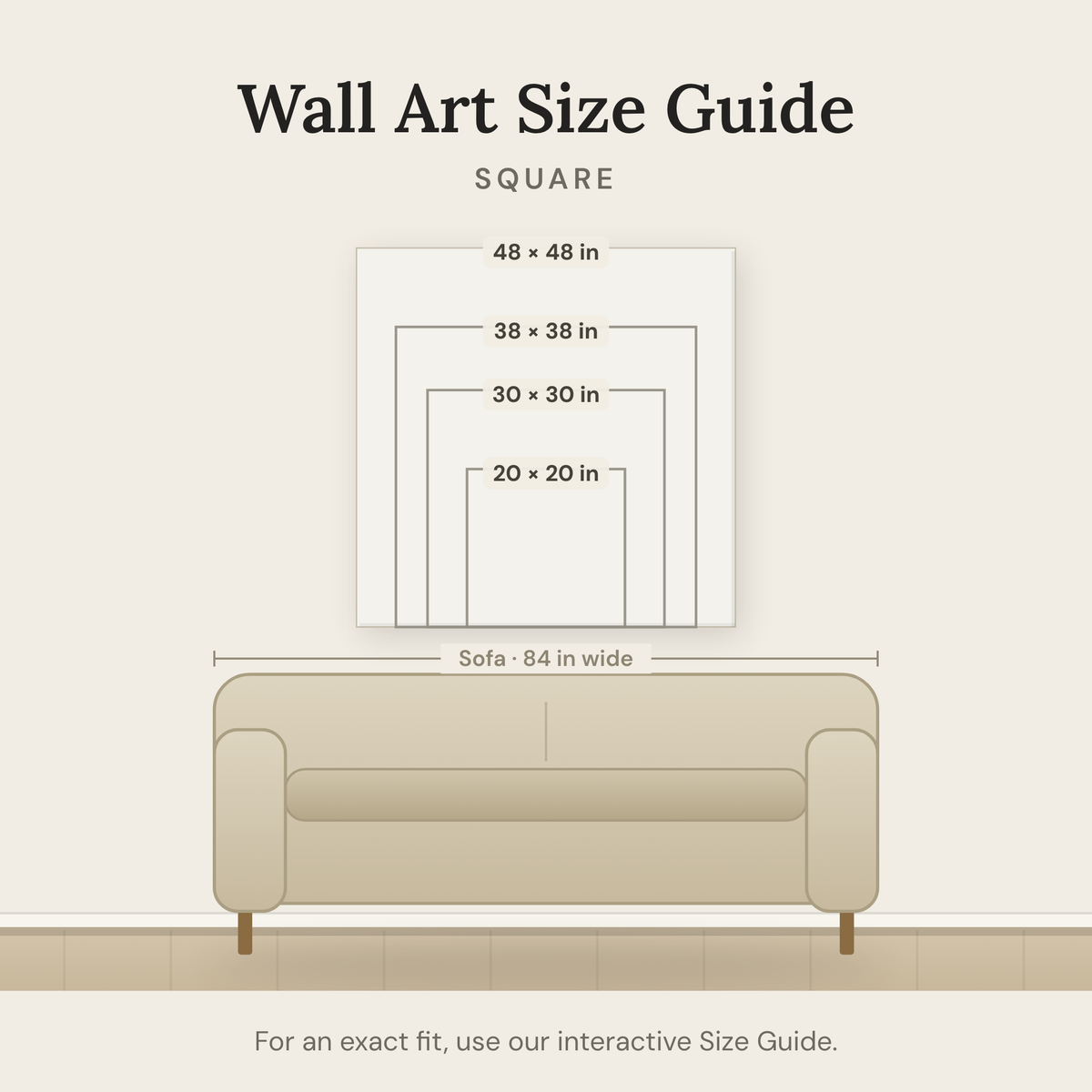 Wall art size guide — square sizes shown to scale
