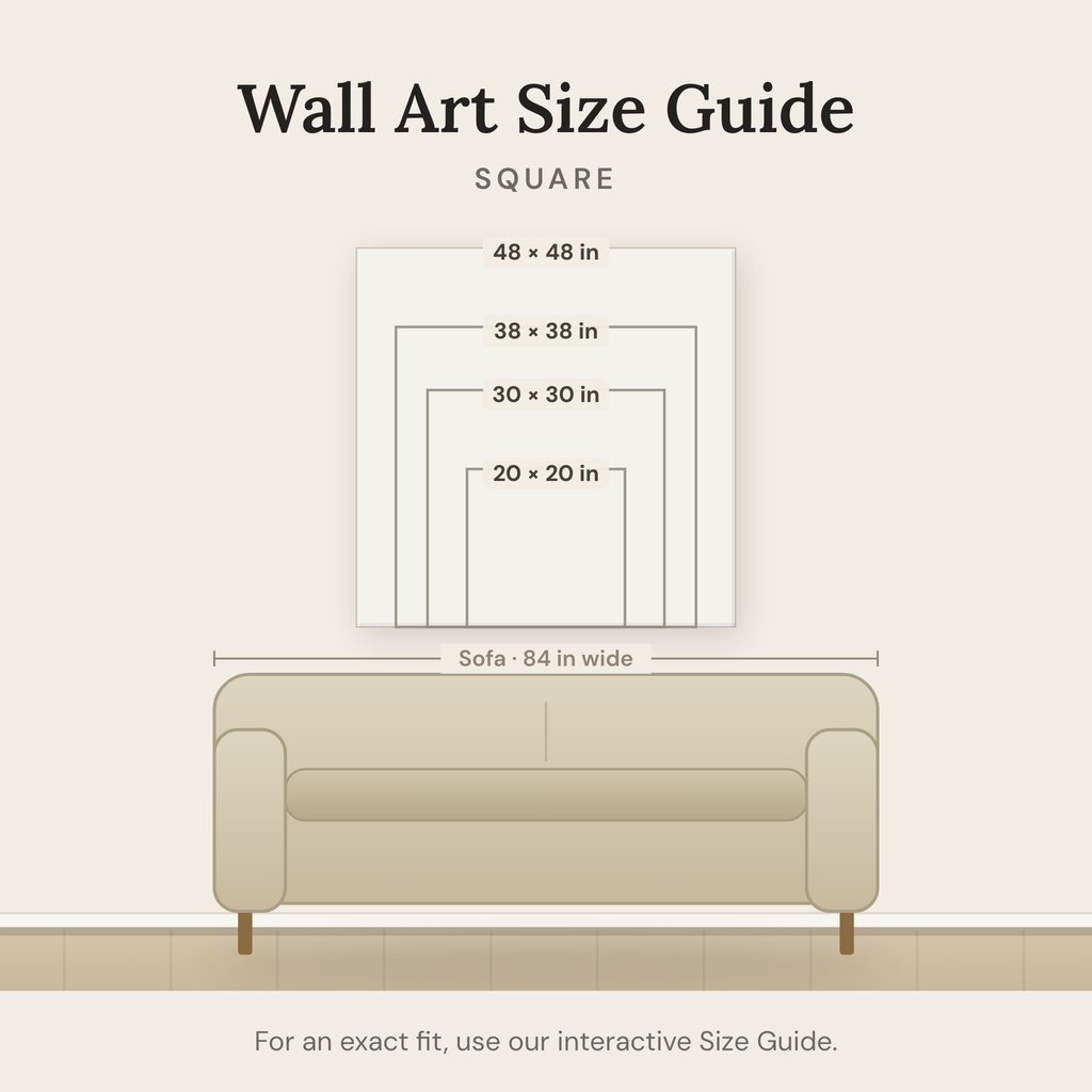 Wall art size guide — square sizes shown to scale