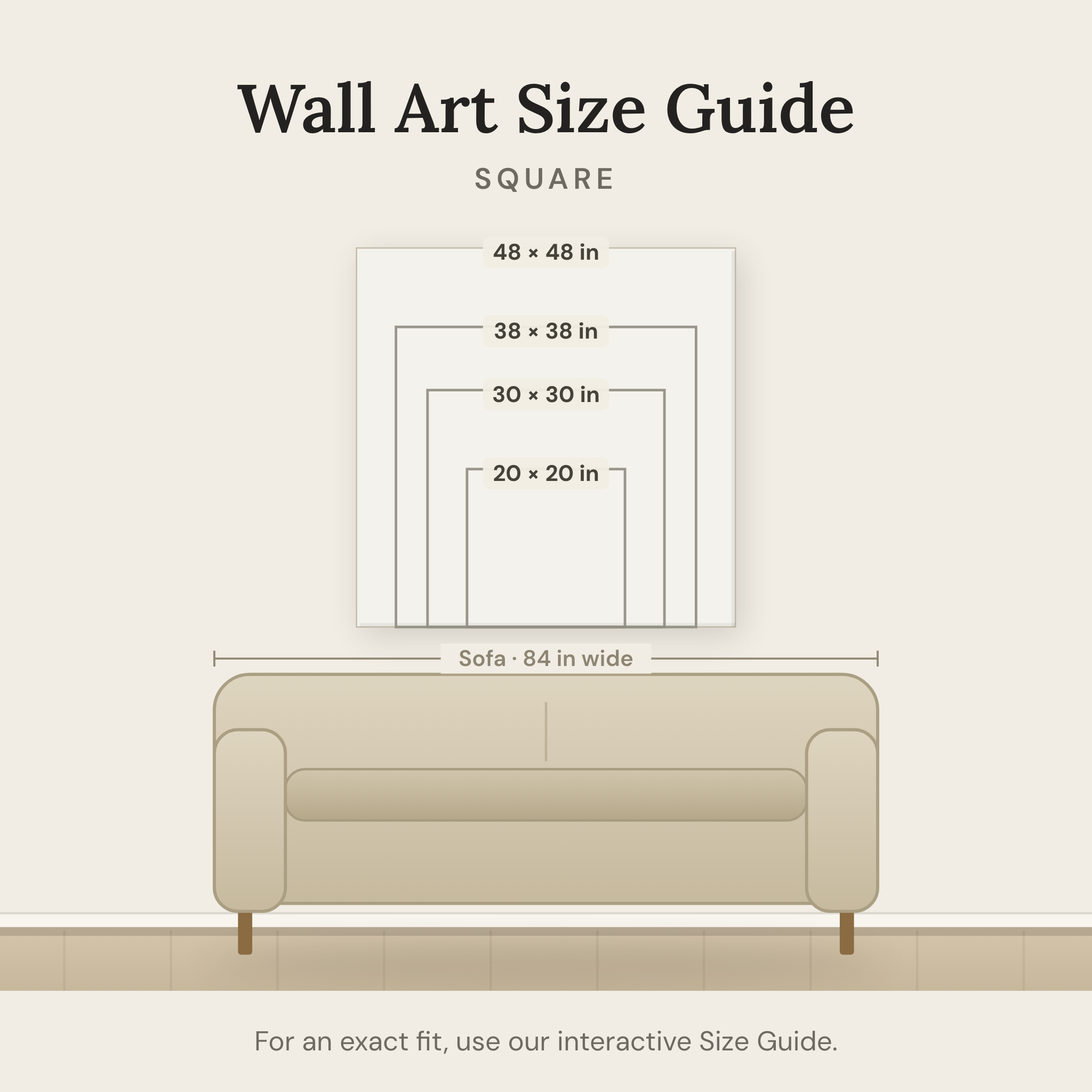 Wall art size guide — square sizes shown to scale