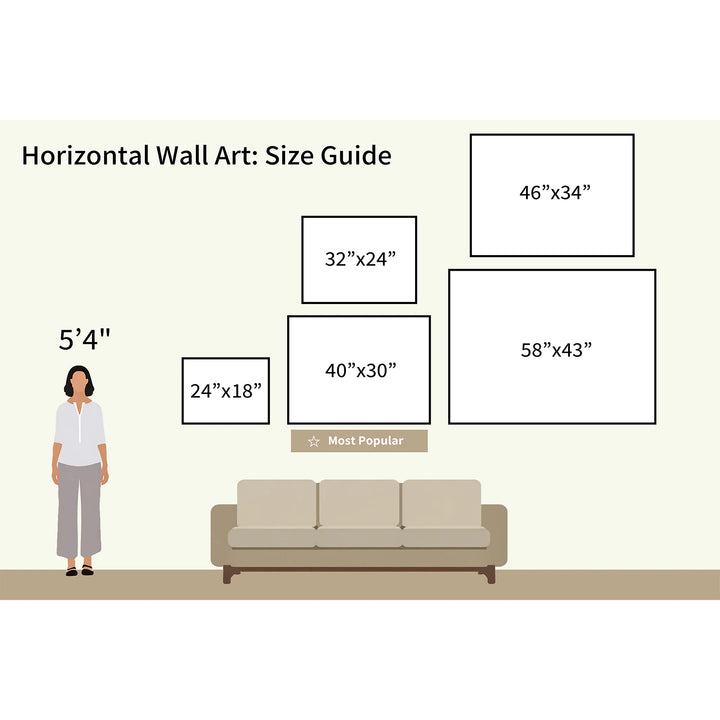 Illustration of a 5'4" woman beside a sofa and five horizontal Autumn Reverie Canvas Art sizes, from 24x18 to the popular 40x30—ideal for adding Nordic Park charm or an autumnal touch to your space.