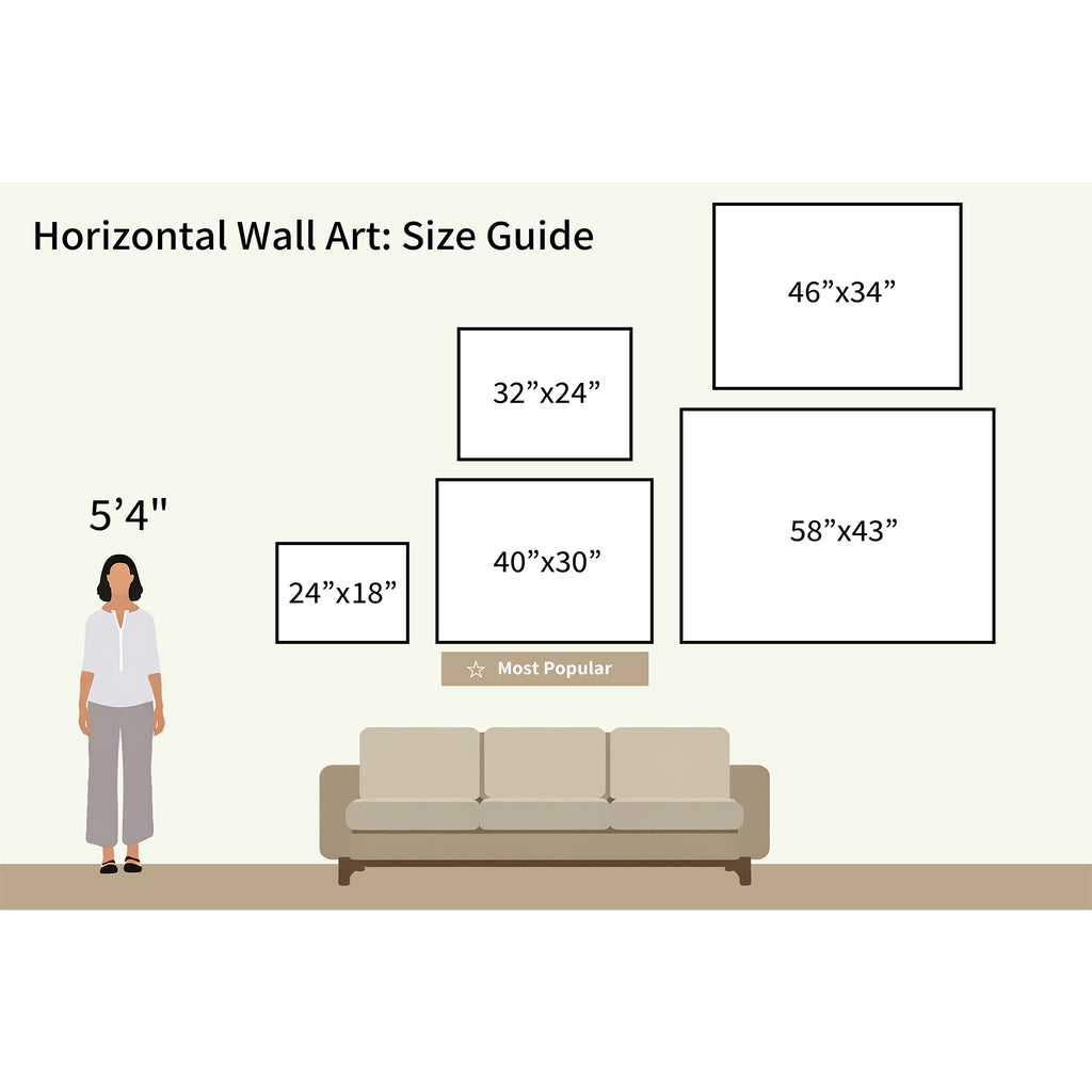 Horizontal Wall Art Size Guide with Still Morning Canvas Art above a sofa and a 54 woman for scale. Framed sizes: 24x18, 32x24, 40x30 (most popular), 46x34, and 58x43—perfect for displaying this serene piece.