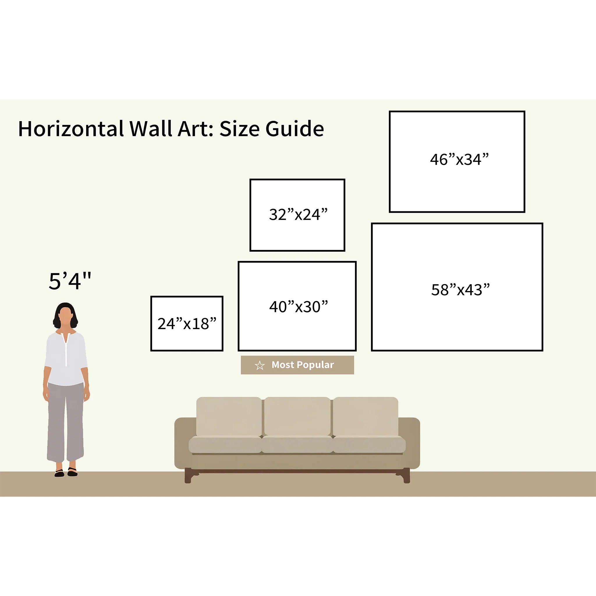 Illustration of a 5'4" woman by a sofa and five frames displaying Tranquil Reflections Canvas Art - Horizontal in sizes: 24x18, 32x24, 40x30 (most popular), 46x34, and 58x43 for serene bedroom decor—woman shown for scale.