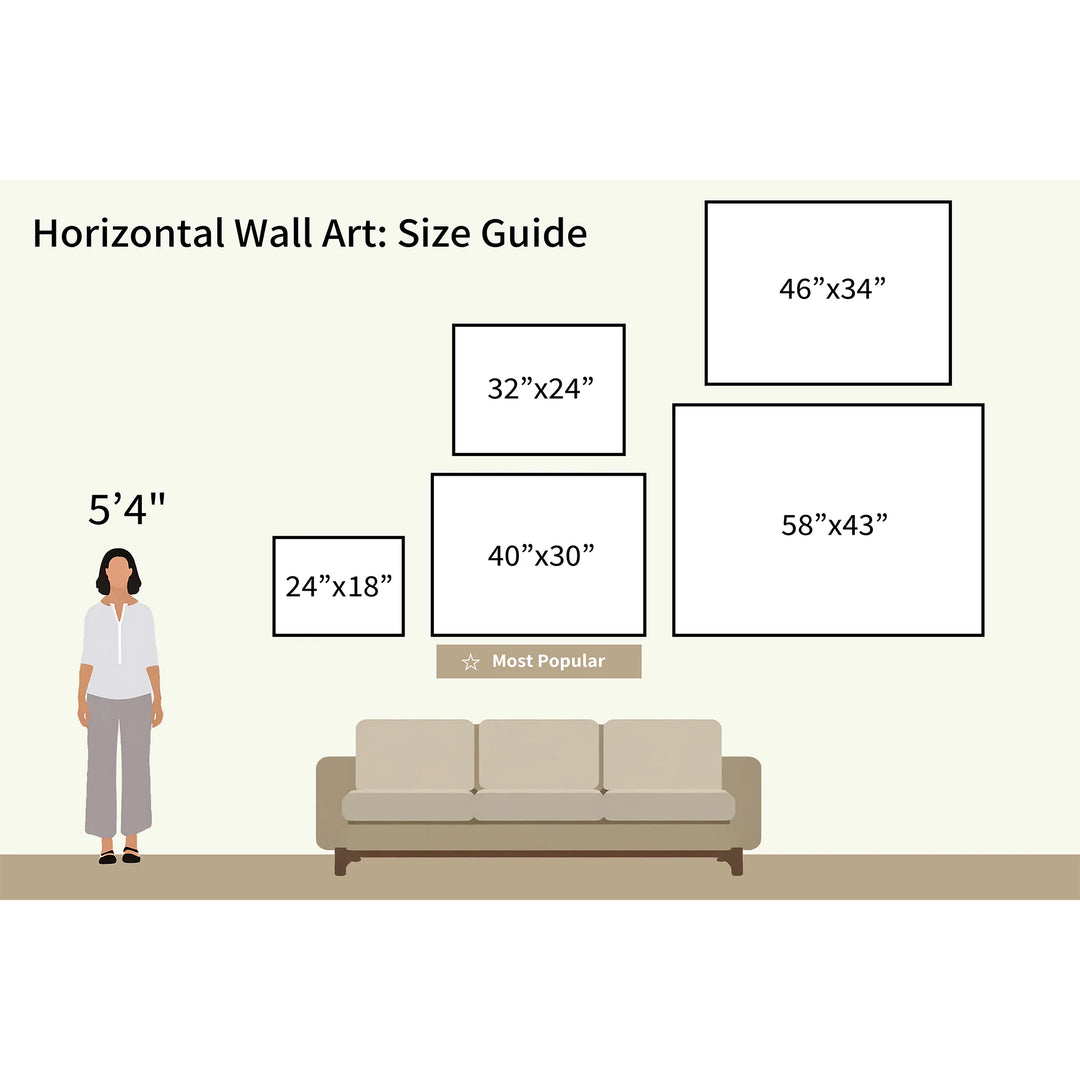 Illustration of a 5'4" woman by a couch with five Coastal Silence Canvas Art - Horizontal sizes—24x18, 32x24, 40x30 (most popular), 46x34, and 58x43—displayed above; perfect for muted coastal decor.