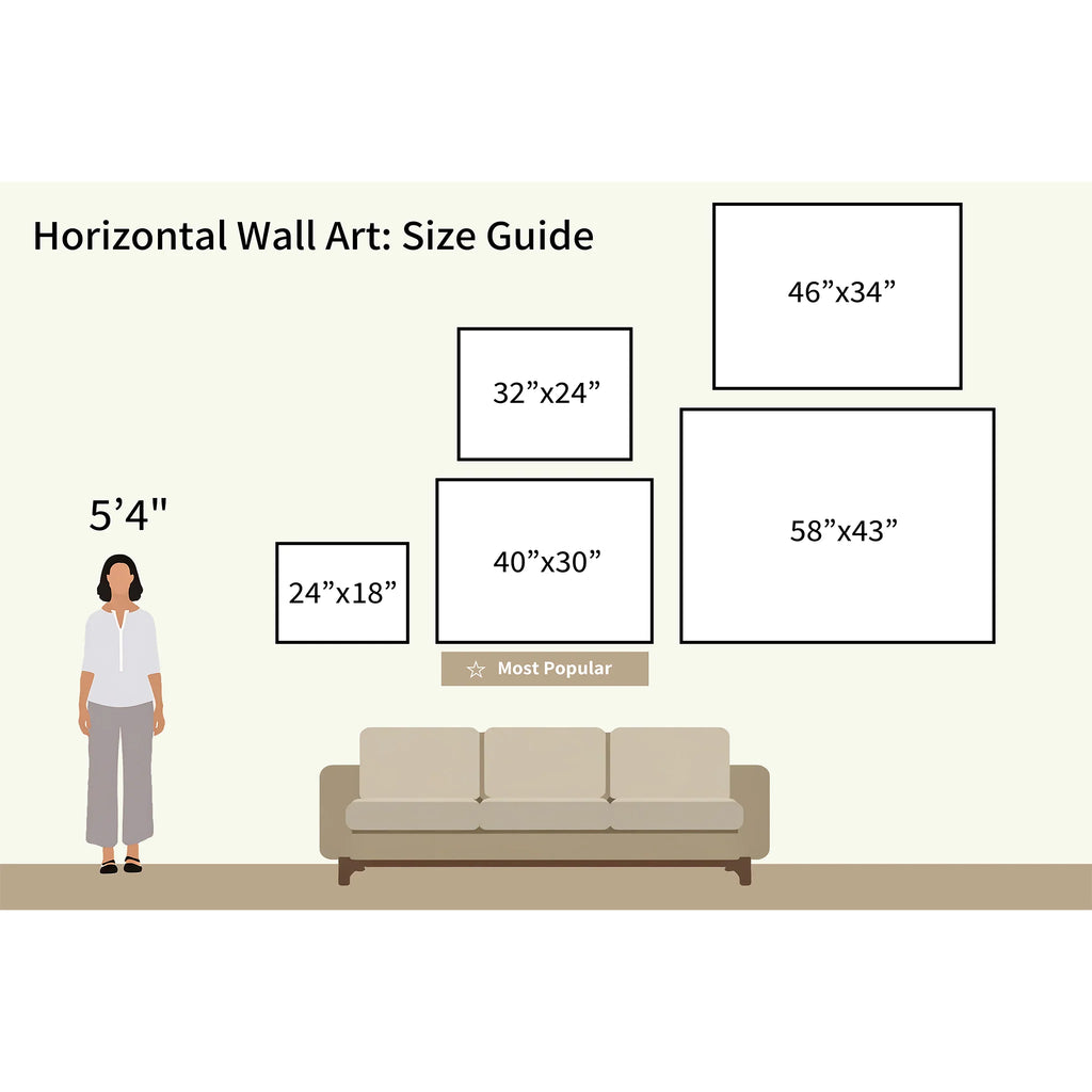 An illustrated size guide for Mediterranean Dreams Canvas Art - Horizontal features a 5'4" woman, sofa, and five frame sizes: 24x18, 32x24, 40x30 (most popular), 46x34, and 58x43—ideal for serene home decor.