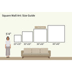 A size guide shows a 5'4" woman by a sofa with four Azure Tranquility Canvas Art - Square sizes—20x20, 30x30, 38x38 (most popular), and 48x48—all displaying serene wall art above the sofa for easy comparison.