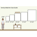 Illustration of a 5'4" person beside a table with five vertical wall art sizes, including the popular Violet Dreams Canvas Art - Vertical in 30x40, showing their scale relative to the person and table.