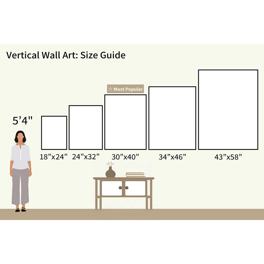 See how five sizes of our Coastal Grandeur Canvas Art - Vertical (18x24, 24x32, 30x40, 34x46, 43x58) look displayed above a table beside a 5'4" woman for easy size comparison featuring stunning seaside cliffs.