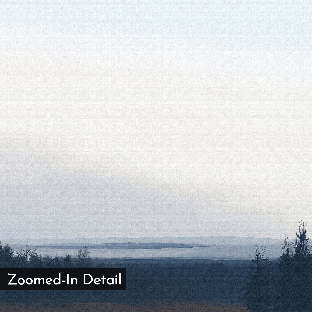 The Northern Woods Canvas Art features a tranquil, hazy landscape with a distant treeline beneath a pale sky. “Zoomed-In Detail” is displayed in a black box at the lower-left corner, enhancing its minimalist, serene appeal.