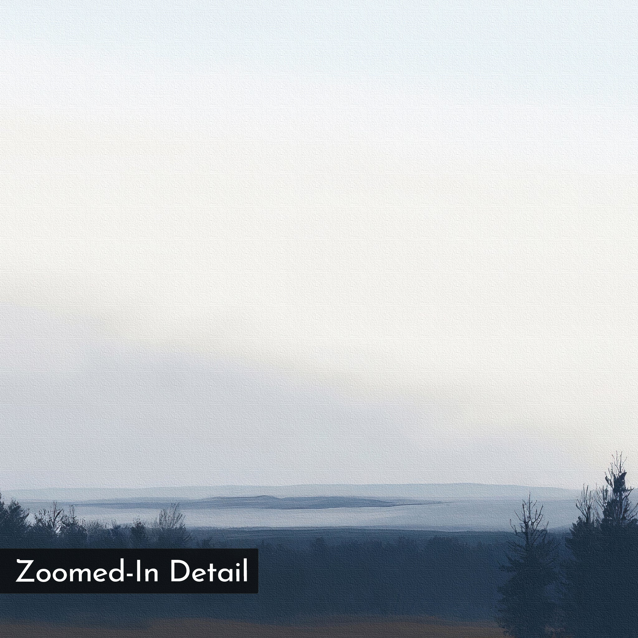 The Northern Woods Canvas Art features a tranquil, hazy landscape with a distant treeline beneath a pale sky. “Zoomed-In Detail” is displayed in a black box at the lower-left corner, enhancing its minimalist, serene appeal.