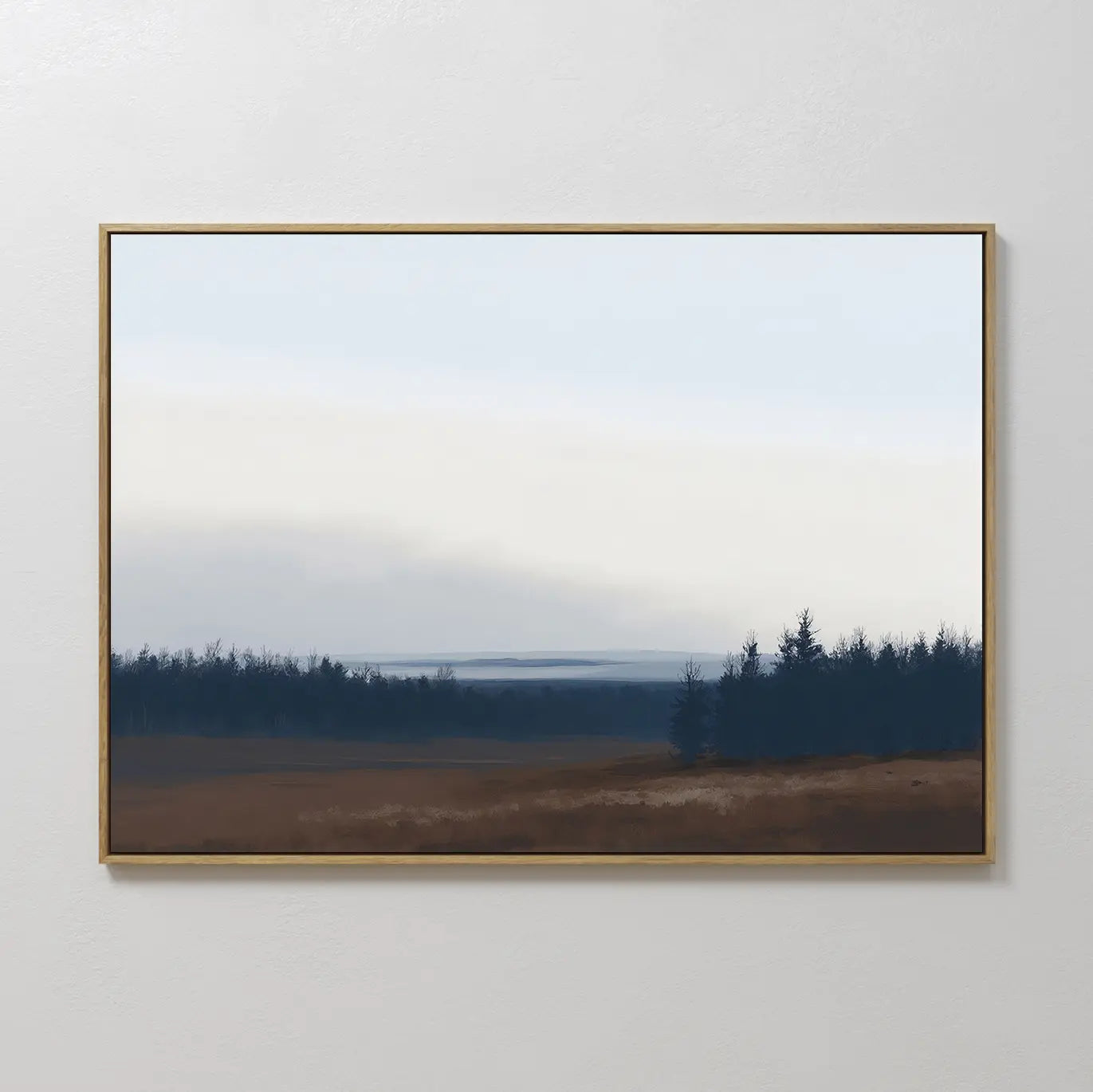 The Northern Woods Canvas Art features a minimalist landscape with a pale sky, distant hills, and silhouetted treeline over muted green and brown fields—ideal wall decor for any space.