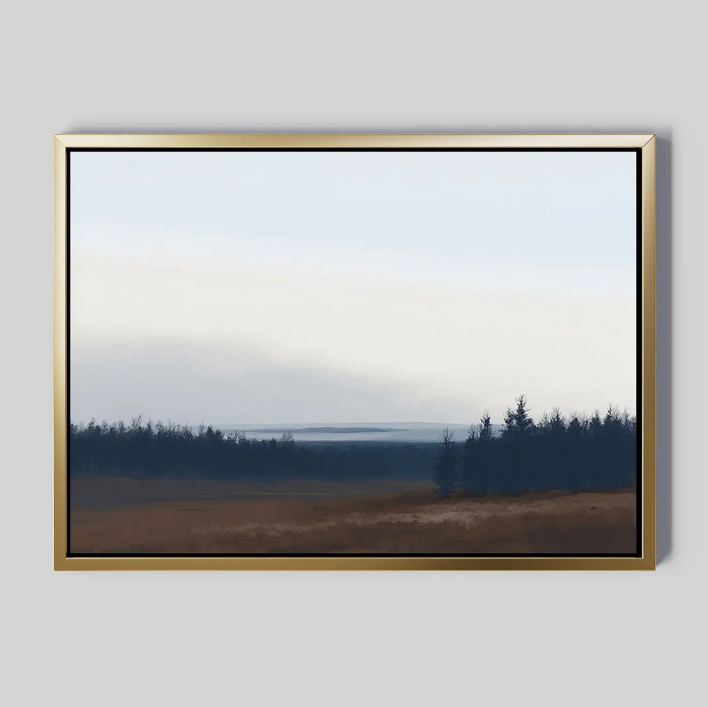 The Northern Woods Canvas Art features a minimalist landscape with a brown field, dark trees, and a pale blue sky, bringing Nordic park vibes to your space against a light gray wall.