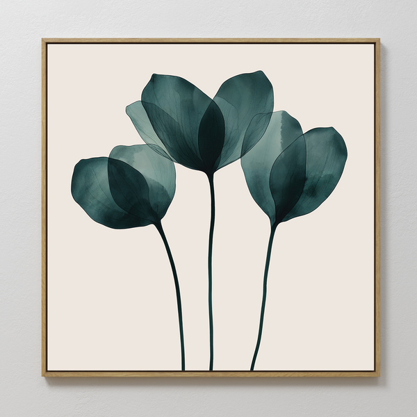 Leafy Balance Canvas Art features three translucent teal leaves with long stems on a neutral backdrop. This minimalist and modern design makes perfect living room decor, showcasing the delicate shape of each leaf against a white wall.