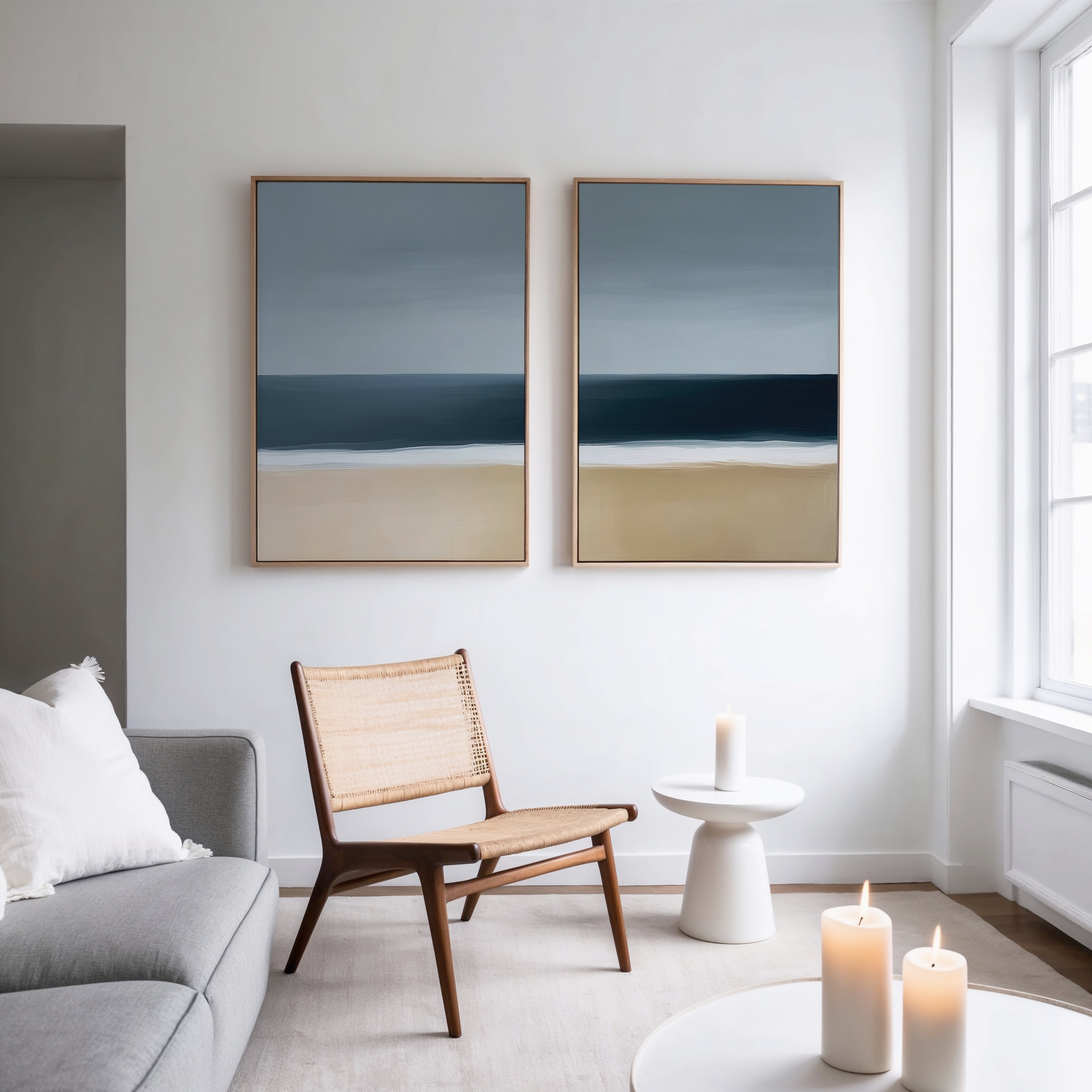 A modern, minimalist living room features the Ocean Edge Set of 2 woven chairs, a light gray sofa, and a small round white table with a candle. Abstract art above and three candles by the large window complete this perfect living room decor.