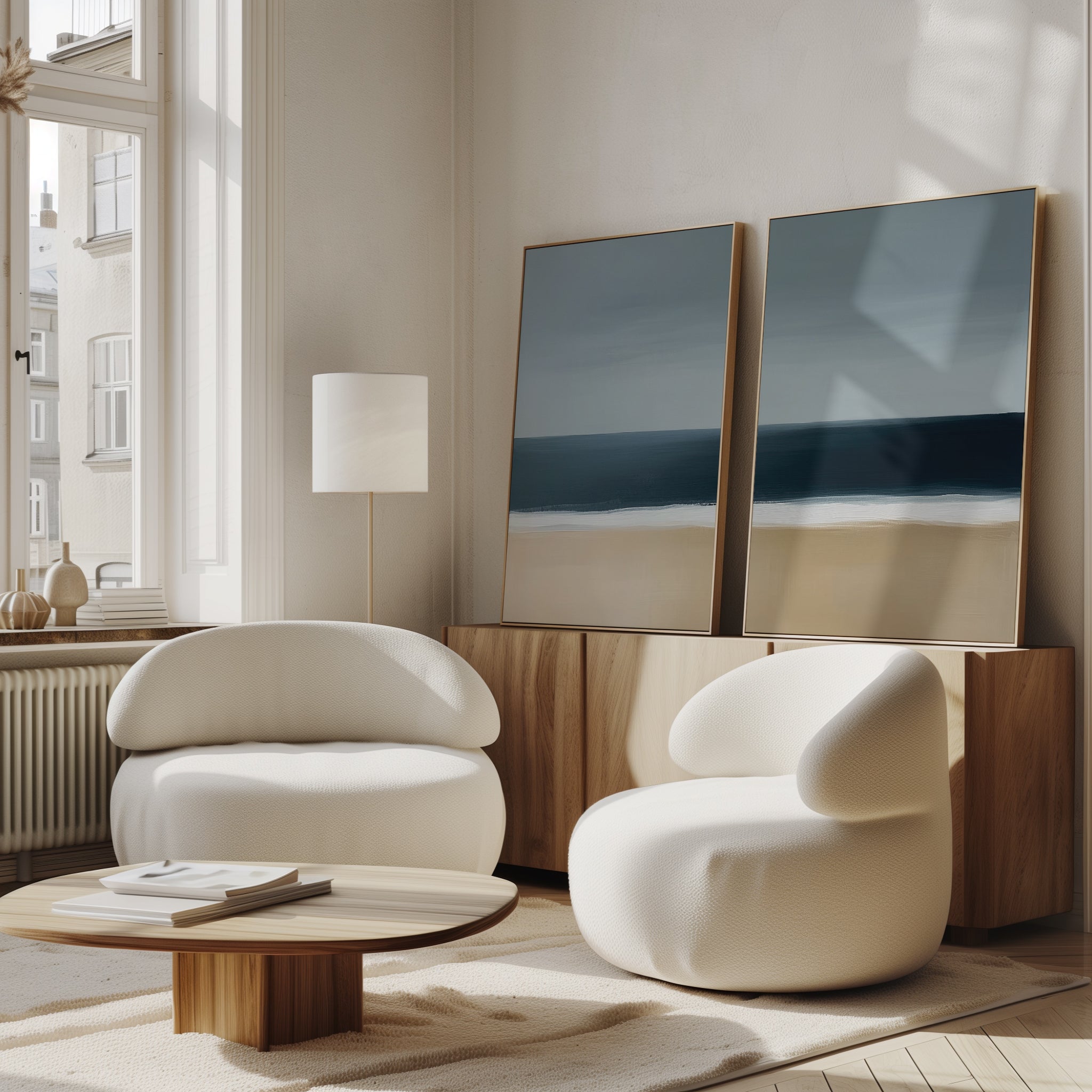 A modern living room features the Ocean Edge Set of 2 curved white armchairs, a low wooden coffee table, light wood cabinetry, and coastal wall art. Large windows fill the space with natural light, elevating the relaxing decor.